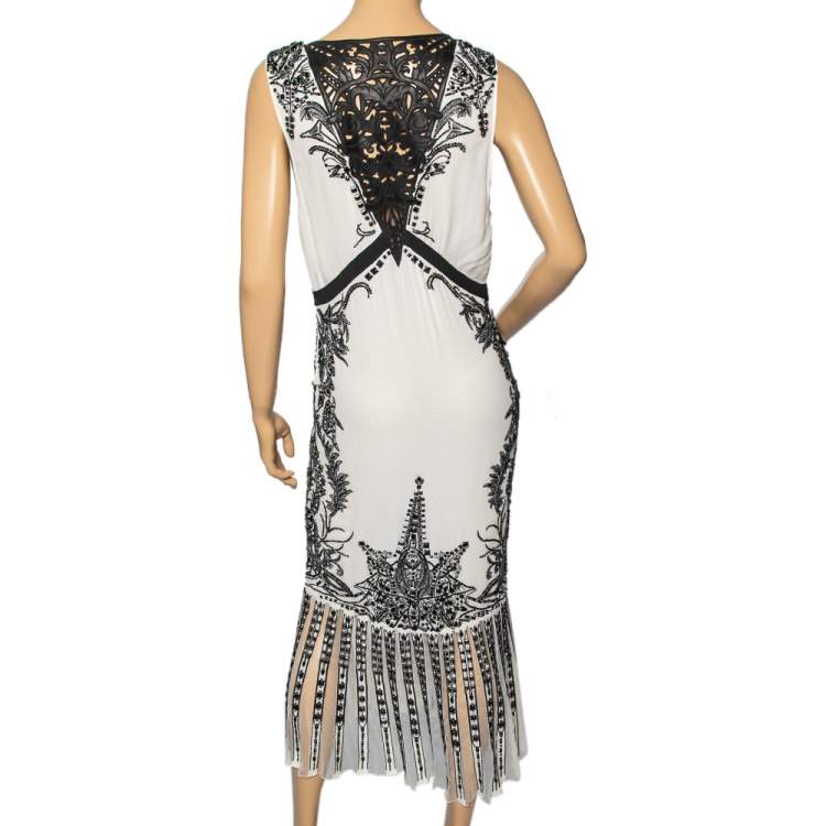 Pre Owned Roberto Cavalli White Embellished Silk & Laser Cut Inset Detailed Dress M 