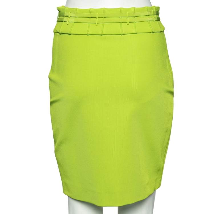 Pre Owned Roberto Cavalli Green Knit & Silk Trim Detailed Skirt M 