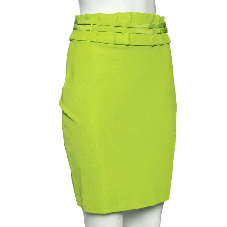 Pre Owned Roberto Cavalli Green Knit & Silk Trim Detailed Skirt M 