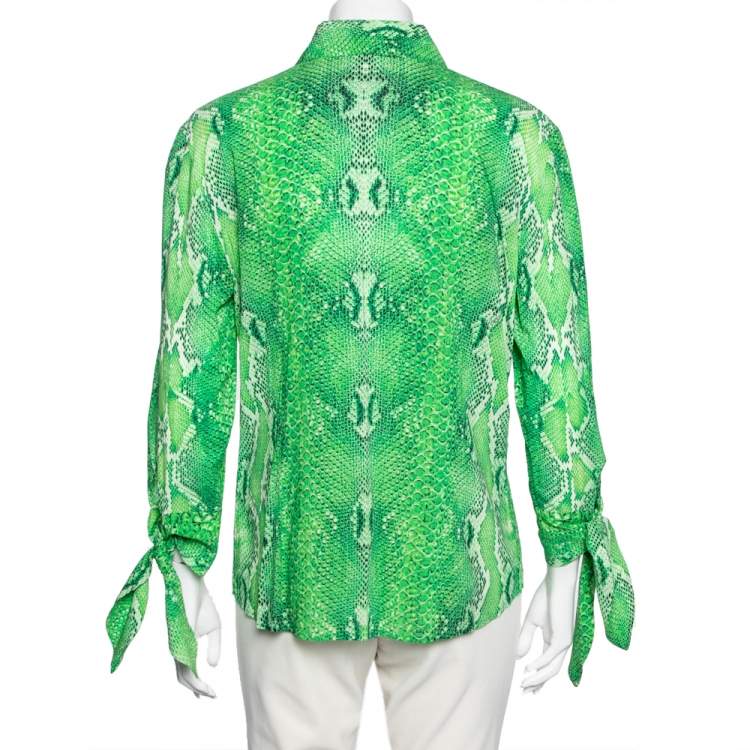Pre Owned Roberto Cavalli Green Snake Print Stretch Silk Shirt M