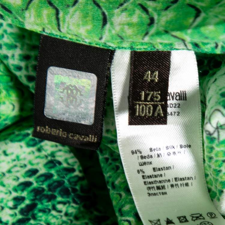 Pre Owned Roberto Cavalli Green Snake Print Stretch Silk Shirt M