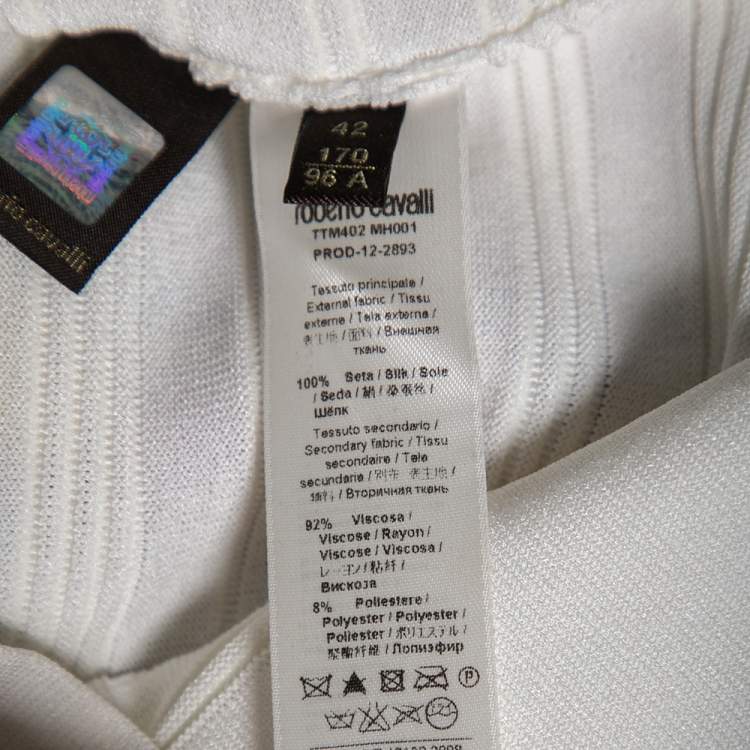 Pre Owned Roberto Cavalli White Floral Printed Silk & Knit Laser Cut Trim Dress M