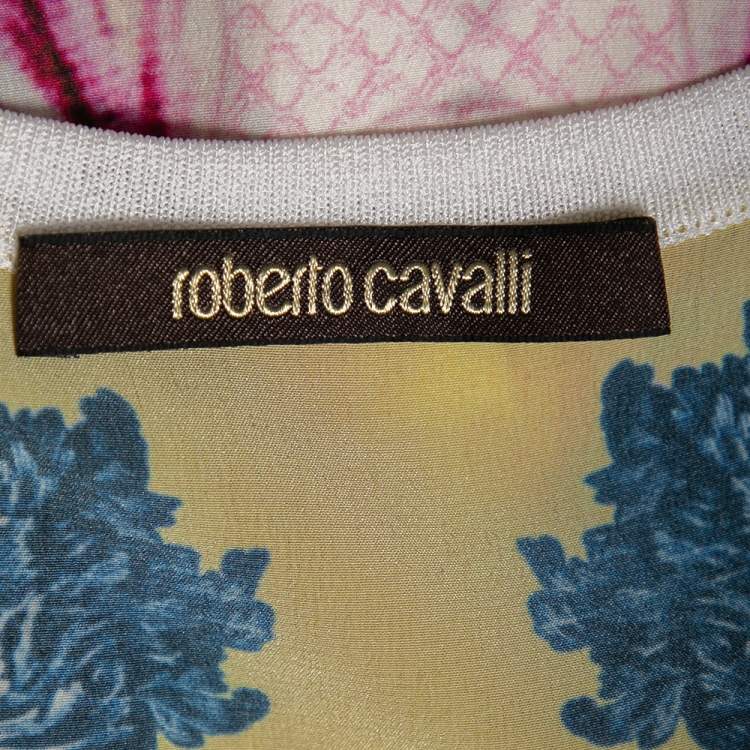 Pre Owned Roberto Cavalli White Floral Printed Silk & Knit Laser Cut Trim Dress M