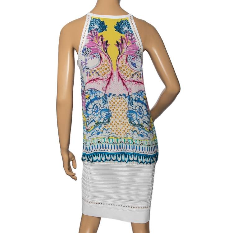 Pre Owned Roberto Cavalli White Floral Printed Silk & Knit Laser Cut Trim Dress M
