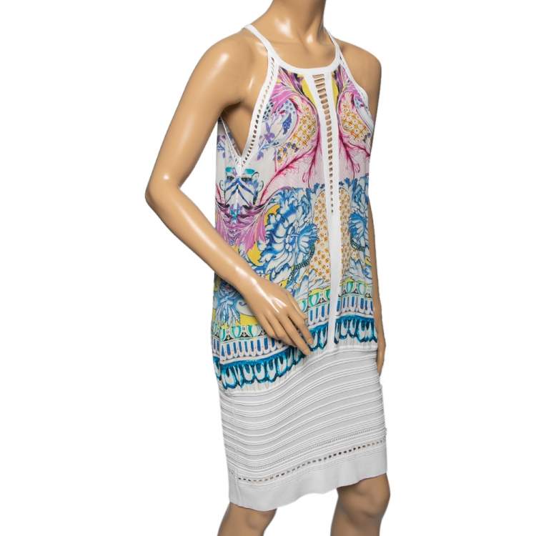 Pre Owned Roberto Cavalli White Floral Printed Silk & Knit Laser Cut Trim Dress M