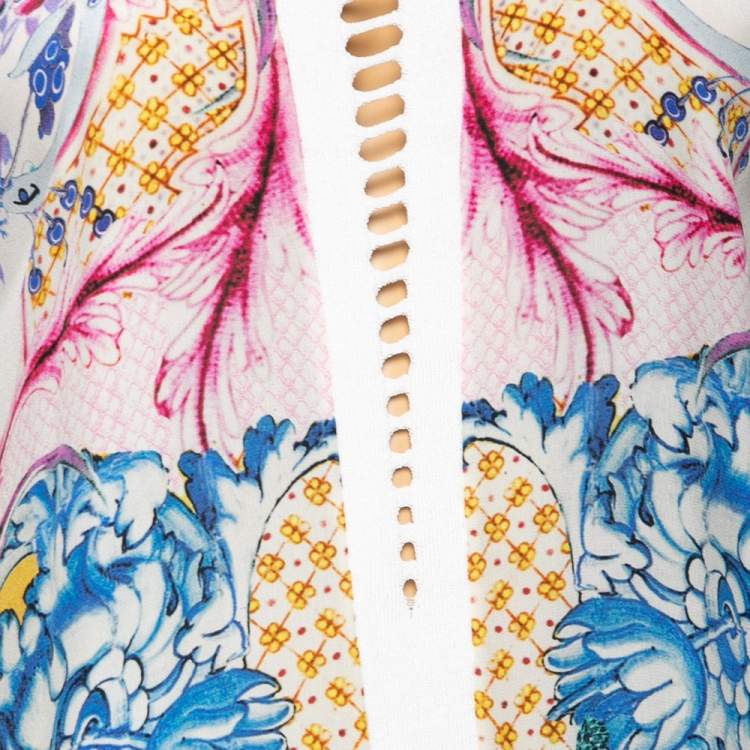 Pre Owned Roberto Cavalli White Floral Printed Silk & Knit Laser Cut Trim Dress M