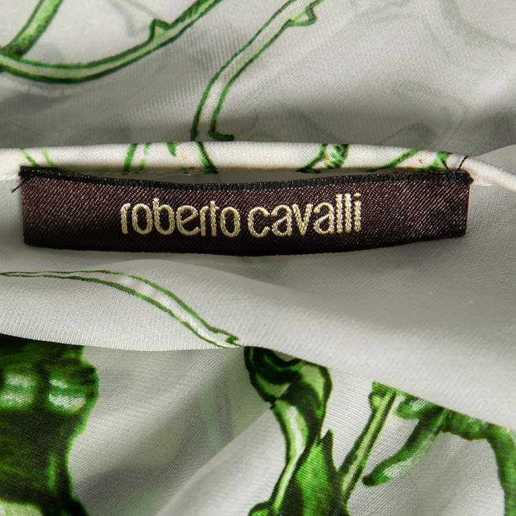 مملوكة مسبقًا Roberto Cavalli White/Green Floral Printed Silk Sequin Embellished Slit Detailed Dress M
