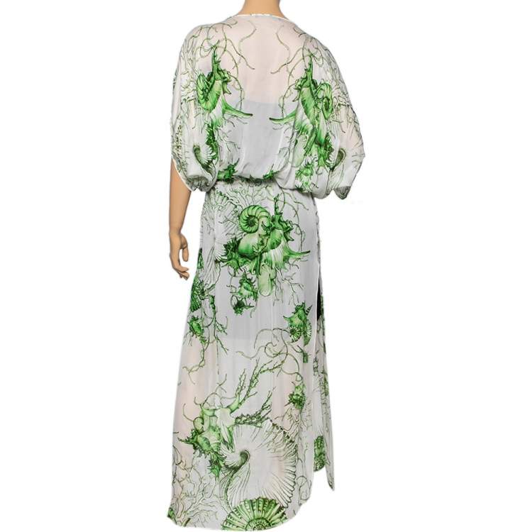 مملوكة مسبقًا Roberto Cavalli White/Green Floral Printed Silk Sequin Embellished Slit Detailed Dress M