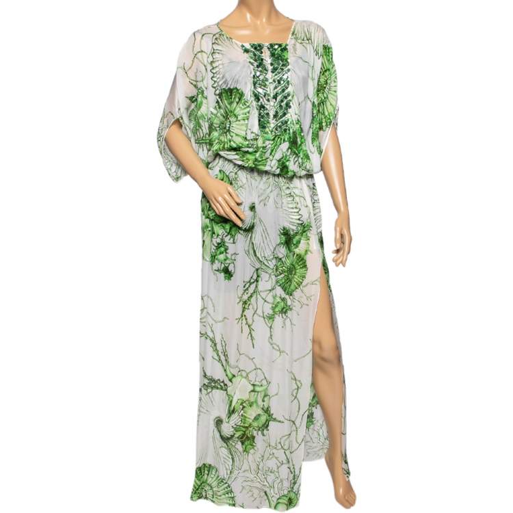 مملوكة مسبقًا Roberto Cavalli White/Green Floral Printed Silk Sequin Embellished Slit Detailed Dress M