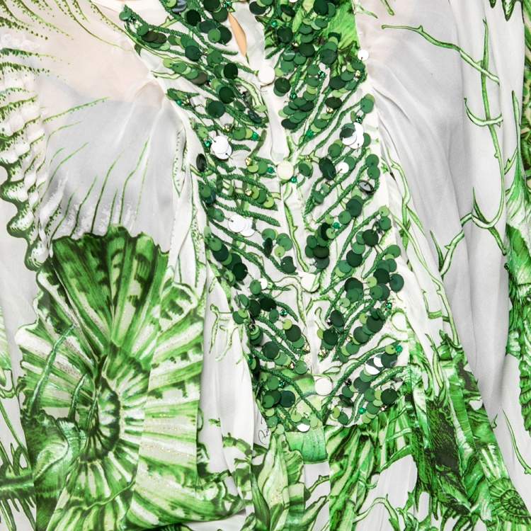 مملوكة مسبقًا Roberto Cavalli White/Green Floral Printed Silk Sequin Embellished Slit Detailed Dress M