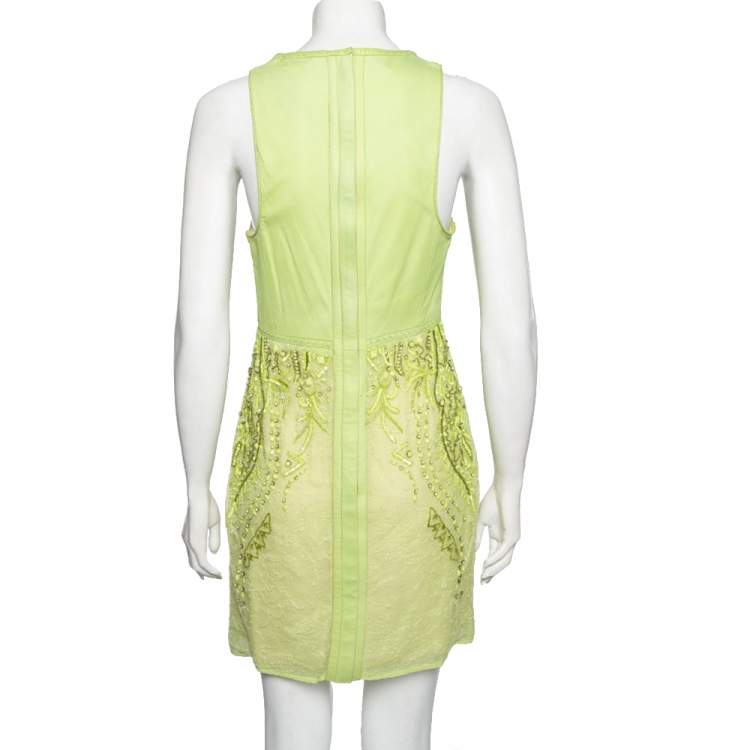 Pre Owned Roberto Cavalli Green Leather & Lace Embellished Sleeveless Dress M 
