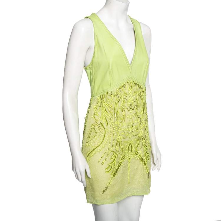 Pre Owned Roberto Cavalli Green Leather & Lace Embellished Sleeveless Dress M 