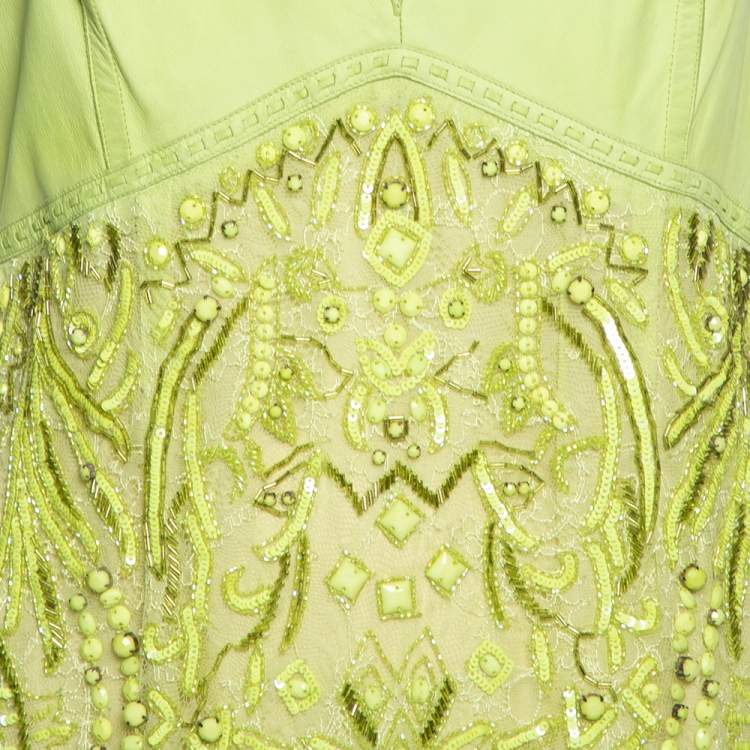 Pre Owned Roberto Cavalli Green Leather & Lace Embellished Sleeveless Dress M 