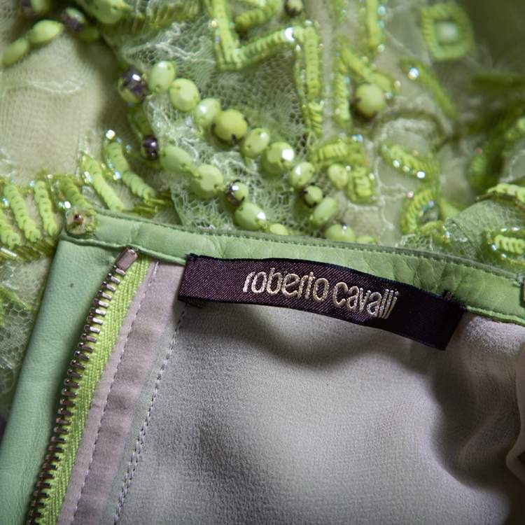 Pre Owned Roberto Cavalli Green Leather & Lace Embellished Sleeveless Dress M 