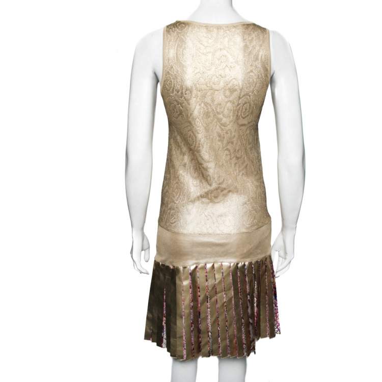 Pre Owned Roberto Cavalli Gold Knit Sequin Embellished Pleated Dress M 