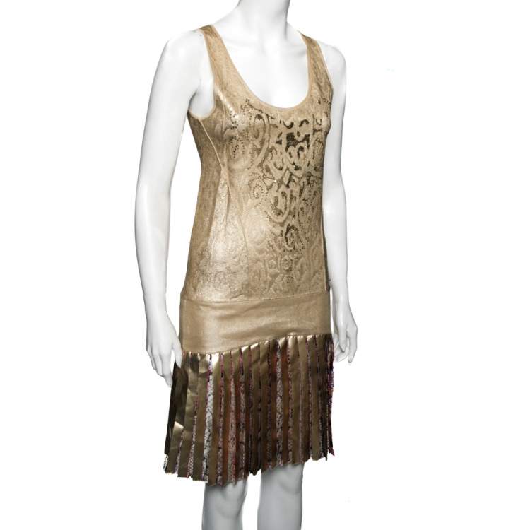 Pre Owned Roberto Cavalli Gold Knit Sequin Embellished Pleated Dress M 