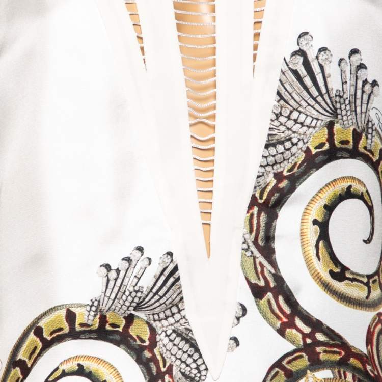Pre Owned Roberto Cavalli White Printed Silk Swing Trim Sleeveless Dress M
