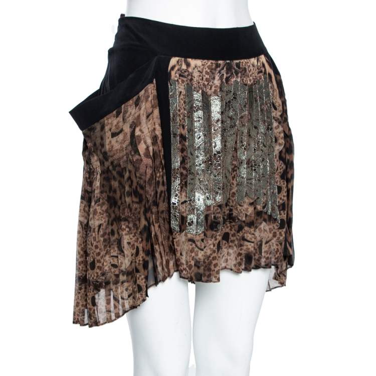 مملوكة مسبقًا Roberto Cavalli Brown Printed Silk & Leather Detailed Pleated Skirt M