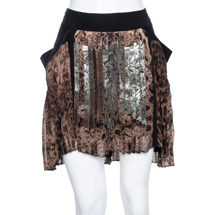 مملوكة مسبقًا Roberto Cavalli Brown Printed Silk & Leather Detailed Pleated Skirt M