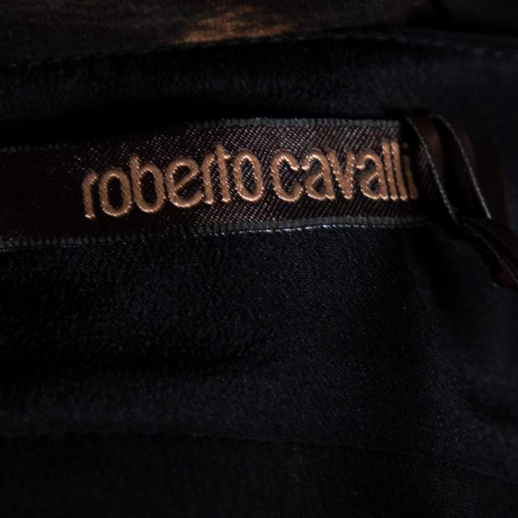 مملوكة مسبقًا Roberto Cavalli Brown Printed Silk & Leather Detailed Pleated Skirt M