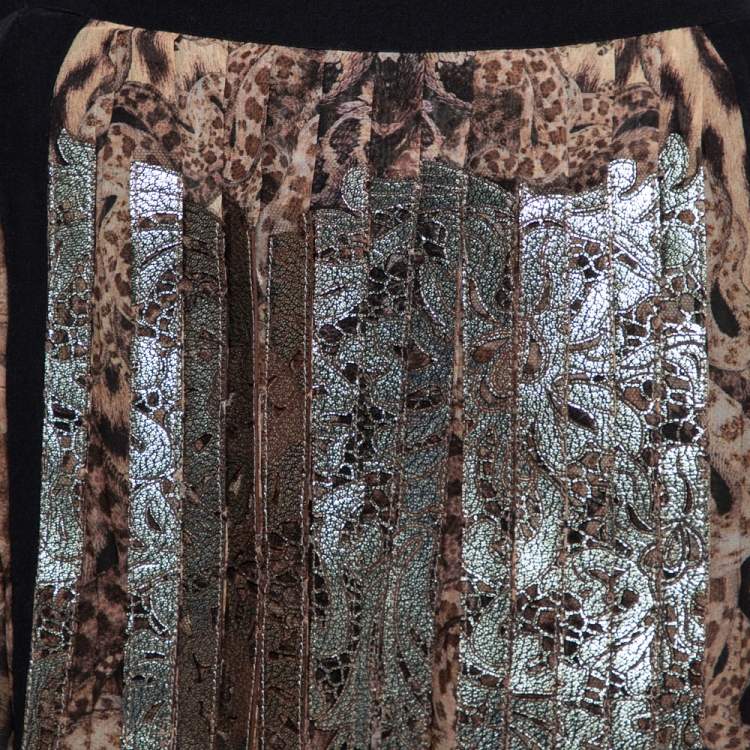مملوكة مسبقًا Roberto Cavalli Brown Printed Silk & Leather Detailed Pleated Skirt M