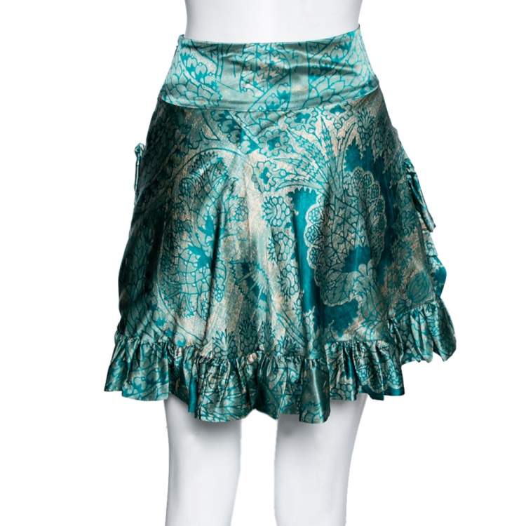 Pre Owned Roberto Cavalli Green Printed Silk Ruffle Trimmed Skirt M