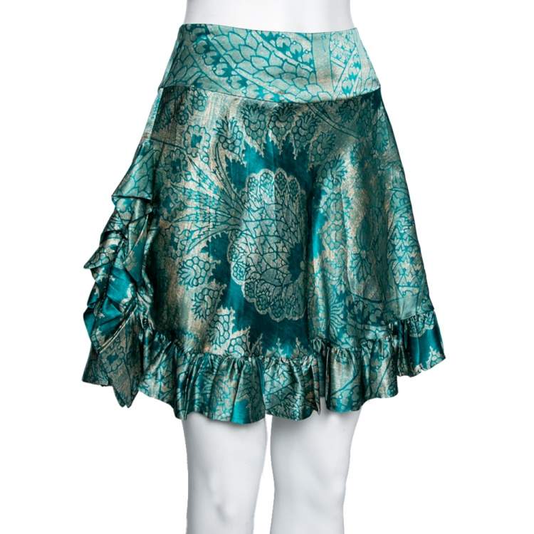 Pre Owned Roberto Cavalli Green Printed Silk Ruffle Trimmed Skirt M