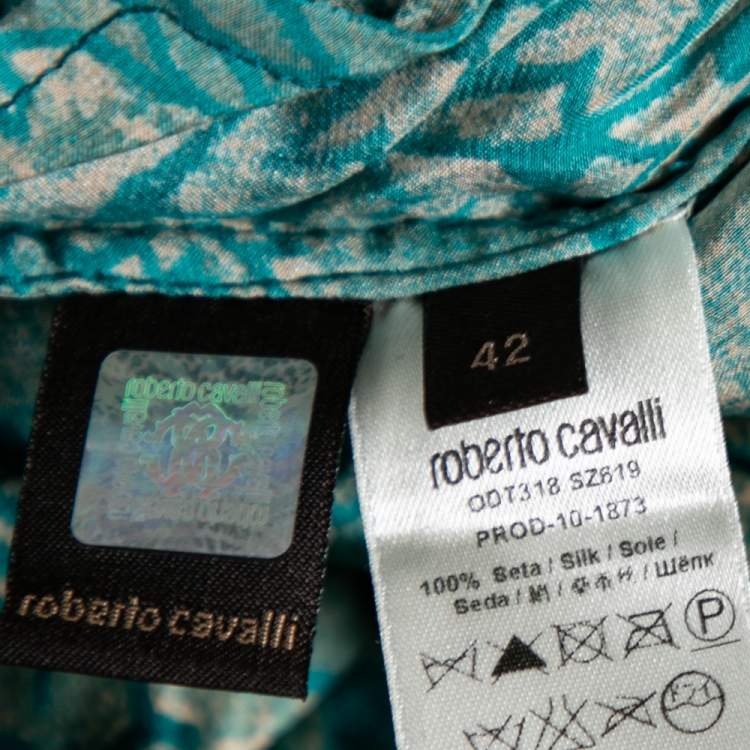 Pre Owned Roberto Cavalli Green Printed Silk Ruffle Trimmed Skirt M