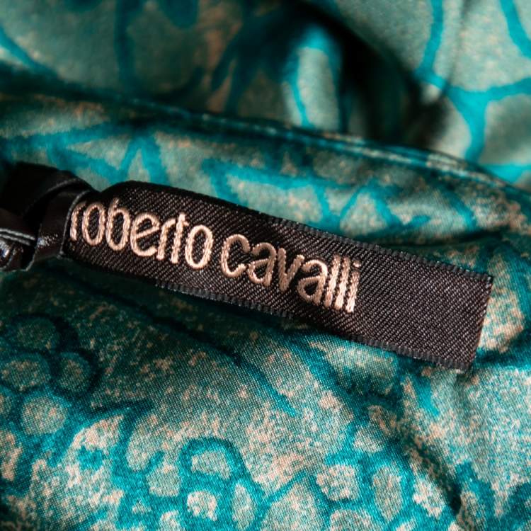 Pre Owned Roberto Cavalli Green Printed Silk Ruffle Trimmed Skirt M