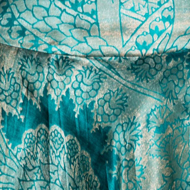 Pre Owned Roberto Cavalli Green Printed Silk Ruffle Trimmed Skirt M