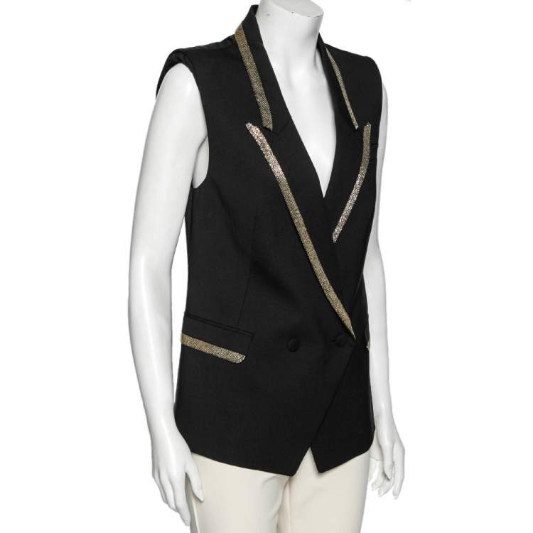 Pre Owned Roberto Cavalli Black Wool Embellished Detail Sleeveless Blazer M