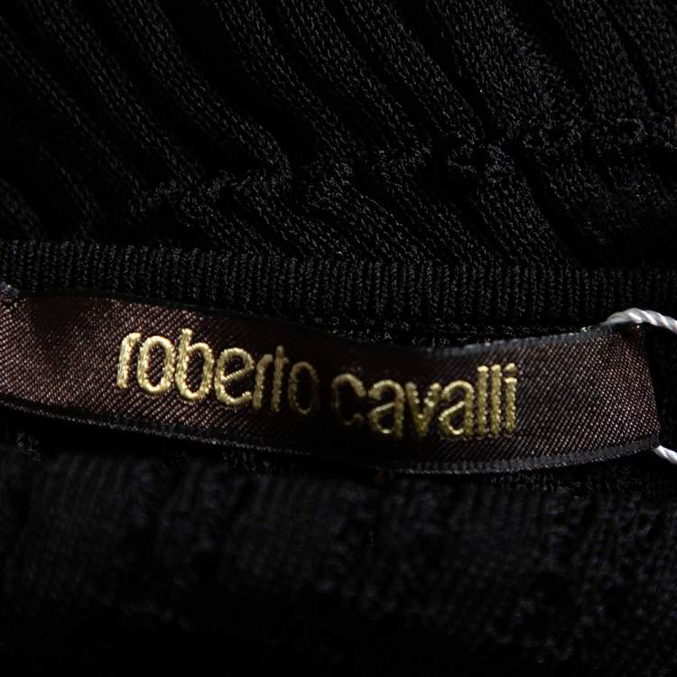 مملوكة مسبقًا Roberto Cavalli Black Eyelet Knit & Silk Inset Ruffled Dress M 