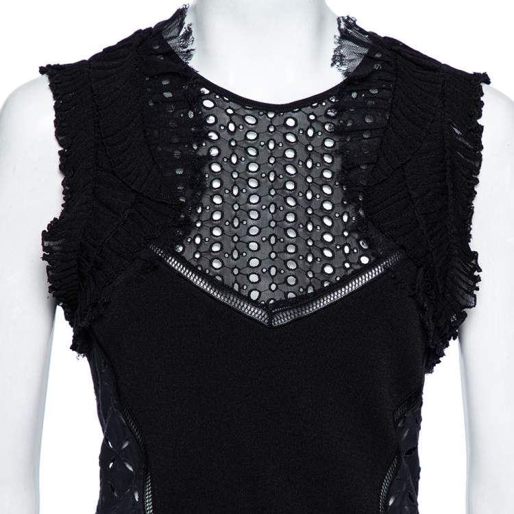 مملوكة مسبقًا Roberto Cavalli Black Eyelet Knit & Silk Inset Ruffled Dress M 