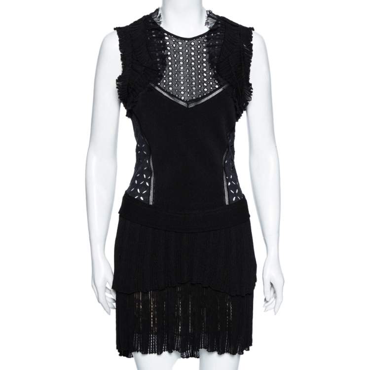 مملوكة مسبقًا Roberto Cavalli Black Eyelet Knit & Silk Inset Ruffled Dress M 