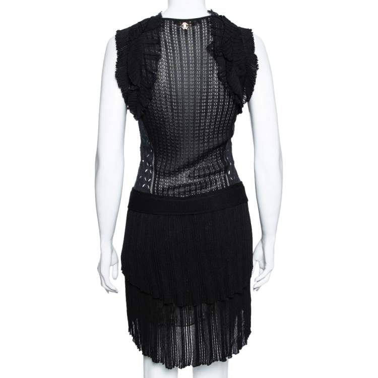 مملوكة مسبقًا Roberto Cavalli Black Eyelet Knit & Silk Inset Ruffled Dress M 