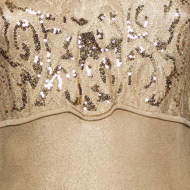 Pre Owned Roberto Cavalli Gold Knit Sequin Embellished Sleeveless Top M 