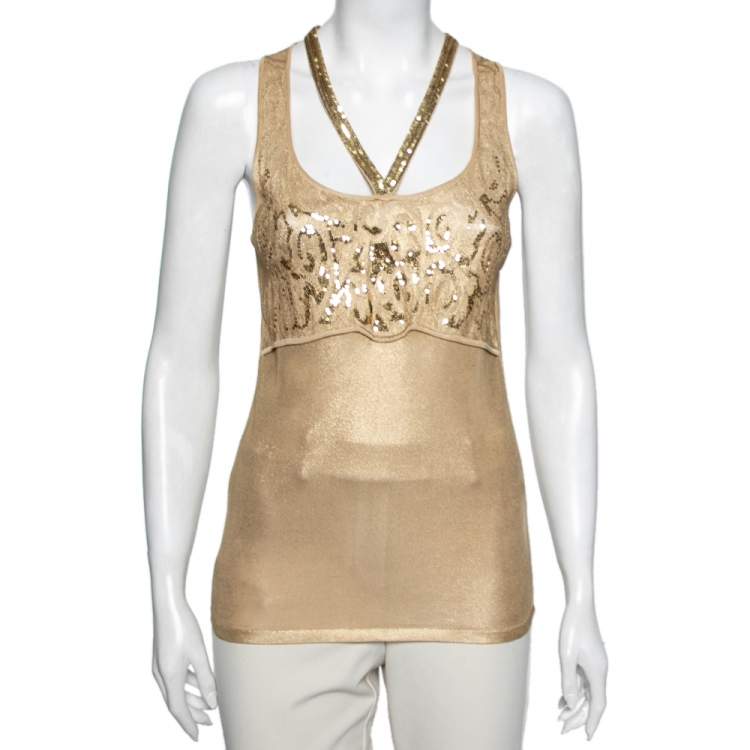 Pre Owned Roberto Cavalli Gold Knit Sequin Embellished Sleeveless Top M 