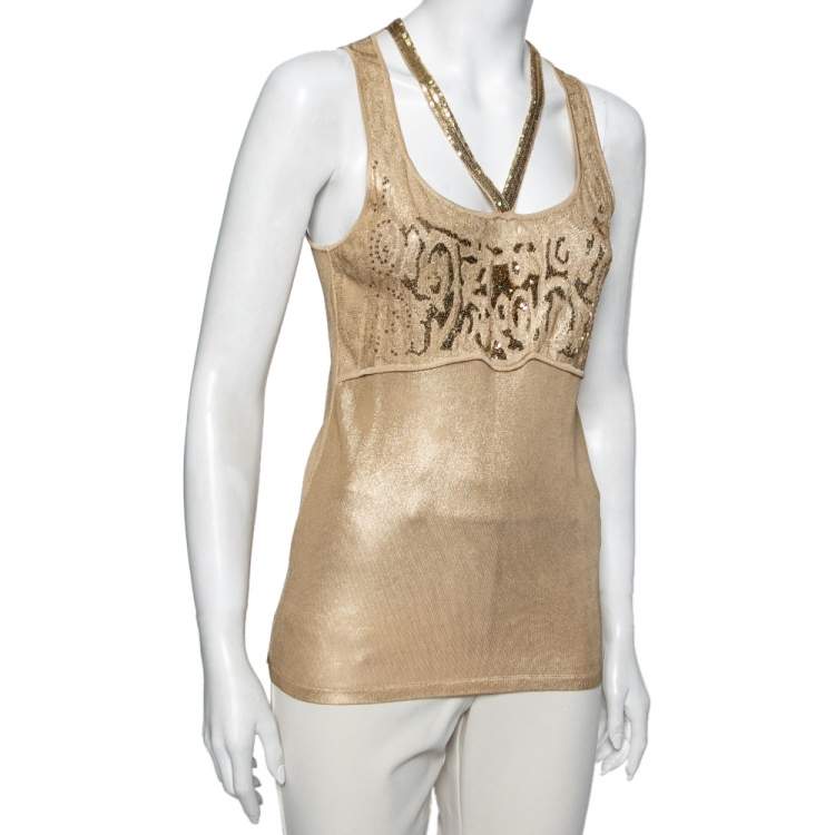 Pre Owned Roberto Cavalli Gold Knit Sequin Embellished Sleeveless Top M 