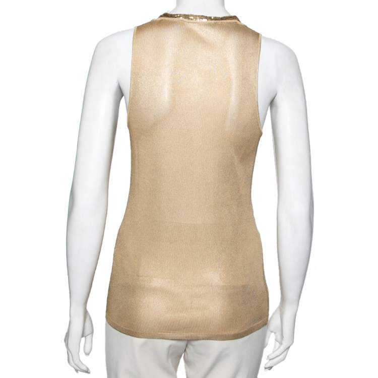 Pre Owned Roberto Cavalli Gold Knit Sequin Embellished Sleeveless Top M 