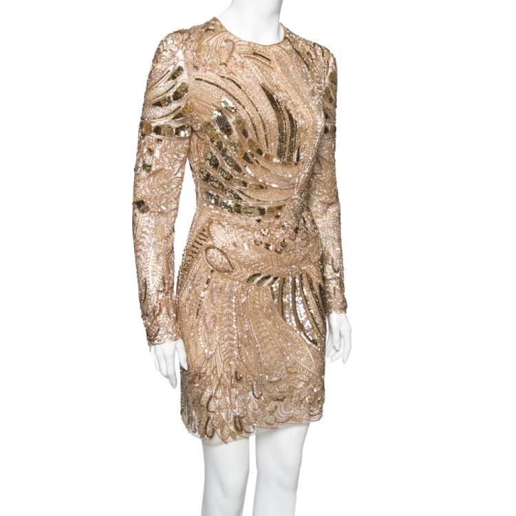 Pre Owned Roberto Cavalli Gold Embellished Tulle Long Sleeve Dress M 