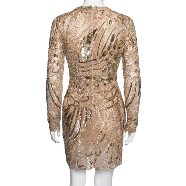 Pre Owned Roberto Cavalli Gold Embellished Tulle Long Sleeve Dress M 