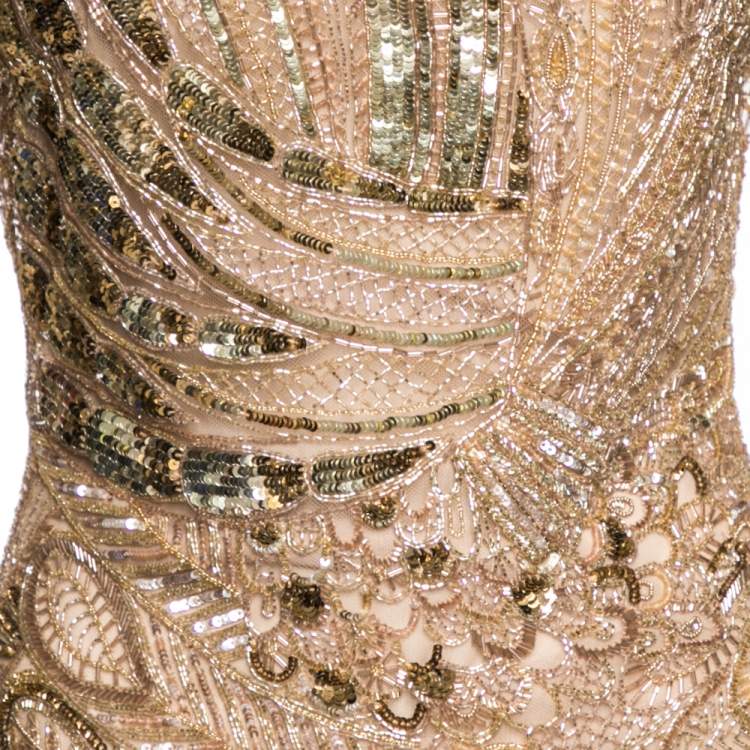 Pre Owned Roberto Cavalli Gold Embellished Tulle Long Sleeve Dress M 