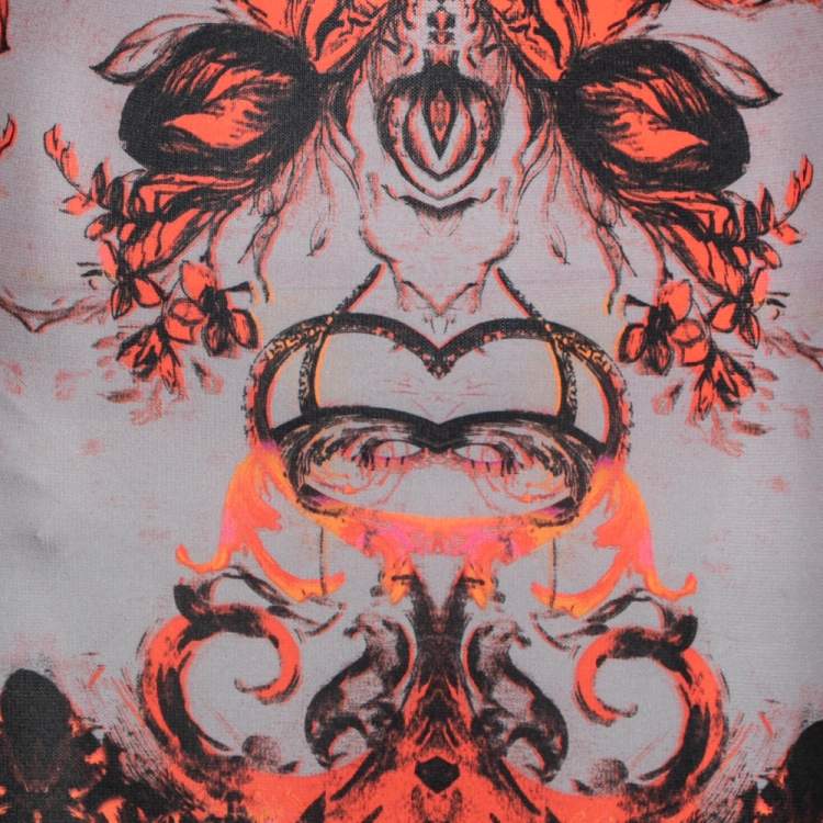 Pre Owned Roberto Cavalli Orange Printed Jersey Long Sleeve Dress M