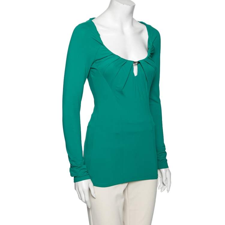 Pre Owned Roberto Cavalli Green Jersey Embellished Detail Top M