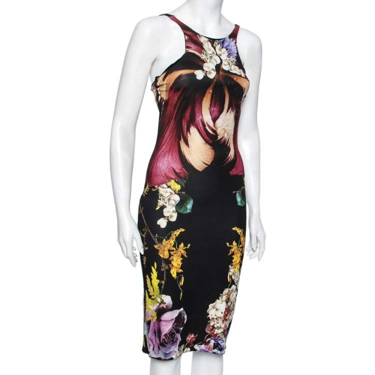 مملوكة مسبقًا Roberto Cavalli Multicolor Printed Jersey Draped Sheath Dress M 
