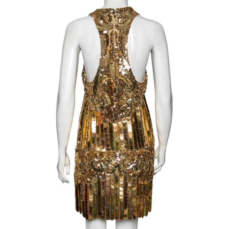 Pre Owned Roberto Cavalli Multicolor Printed Silk Sequin Embellished Sleeveless Dress M