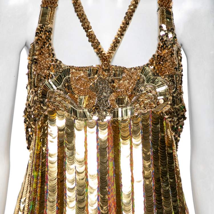Pre Owned Roberto Cavalli Multicolor Printed Silk Sequin Embellished Sleeveless Dress M