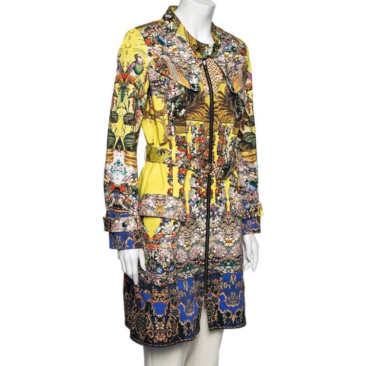 Pre Owned Roberto Cavalli Yellow Printed Cotton Canvas Zip Front Belted Coat M