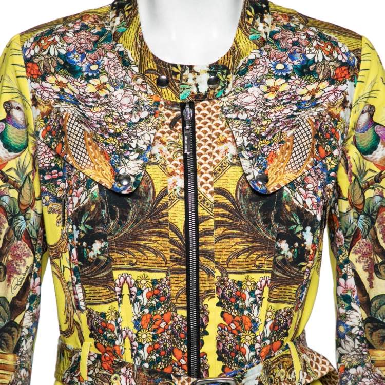 Pre Owned Roberto Cavalli Yellow Printed Cotton Canvas Zip Front Belted Coat M