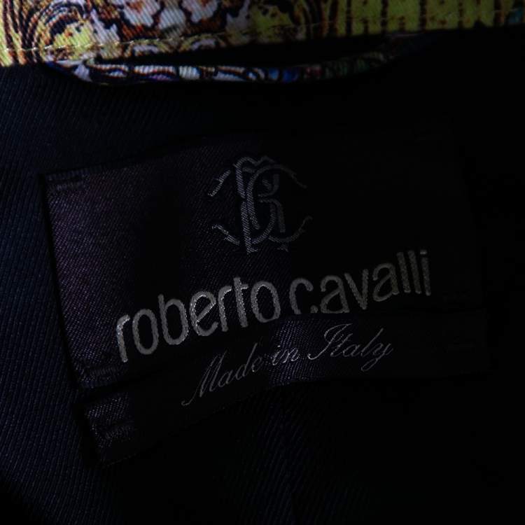 Pre Owned Roberto Cavalli Yellow Printed Cotton Canvas Zip Front Belted Coat M